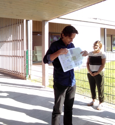 baubesprechung 41,
Kindergarten V, Marchtrenk,
Oliver Dornstädter (Dornstädter Architekten) und Kindergartenleiterin Kathrin Leitner